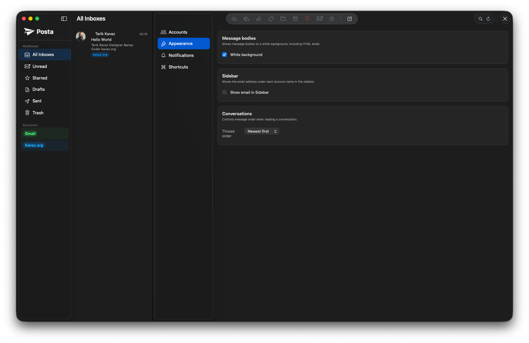 Posta appearance settings